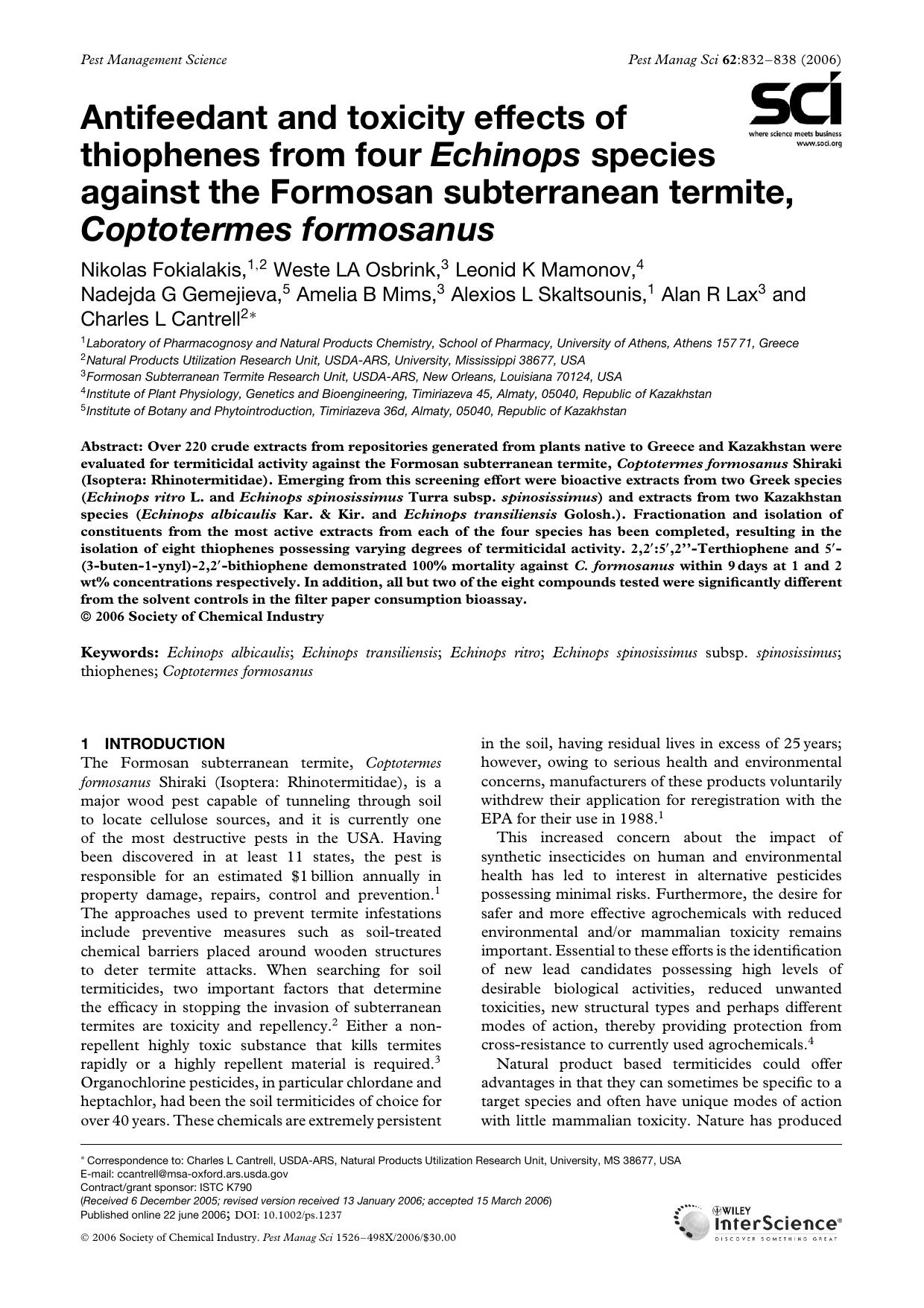 Antifeedant and toxicity effects of thiophenes from four Echinops species against the Formosan subterranean termite, Coptotermes formosanus by Unknown