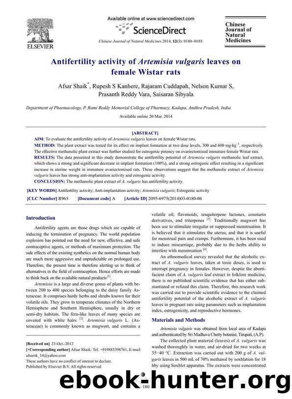 Antifertility activity of Artemisia vulgaris leaves on female Wistar rats by unknow