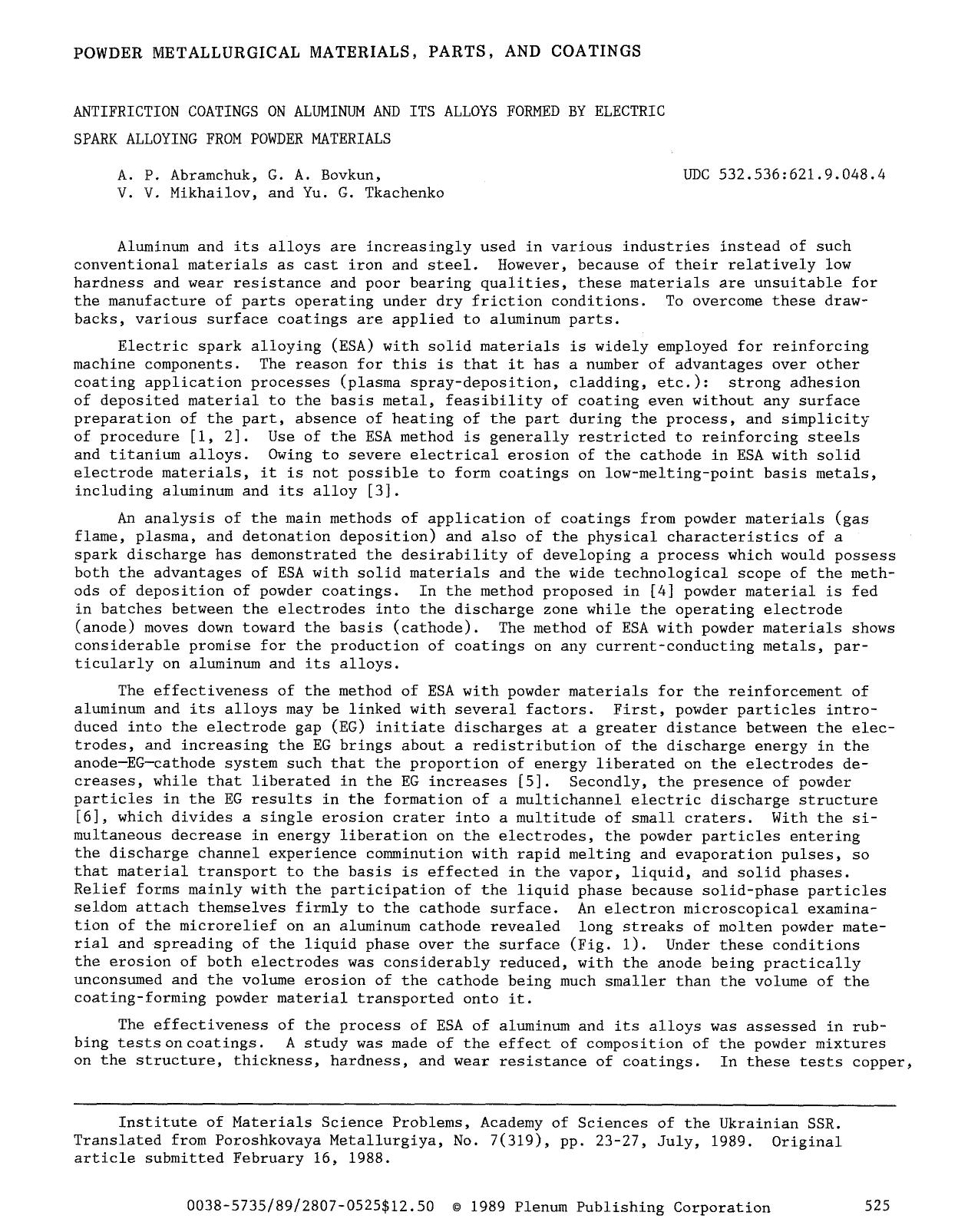 Antifriction coatings on aluminum and its alloys formed by electric spark alloying from powder materials by Unknown
