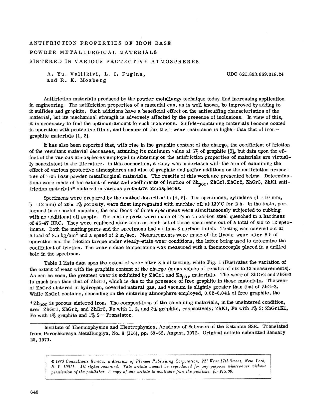 Antifriction properties of iron base powder metallurgical materials sintered in various protective atmospheres by Unknown