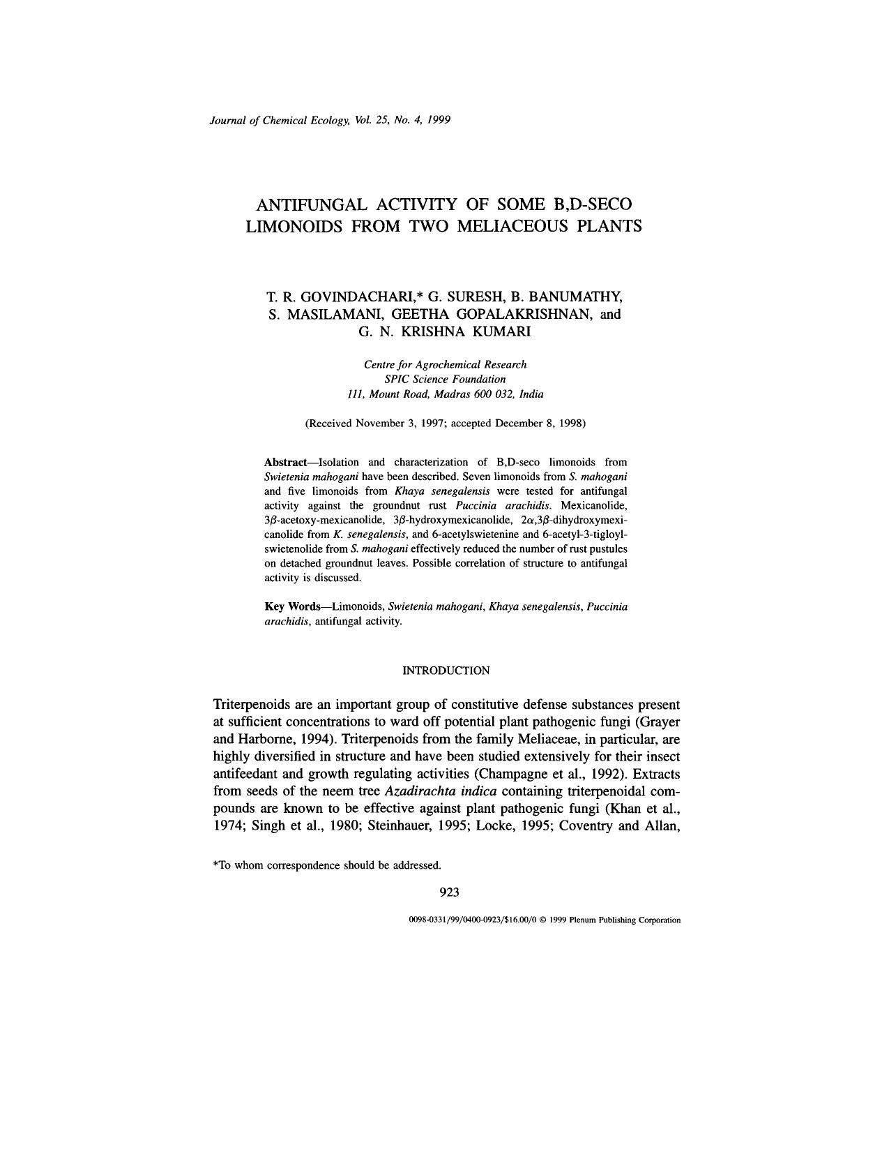 Antifungal Activity of Some B,D-Seco Limonoids from Two Meliaceous Plants by Unknown