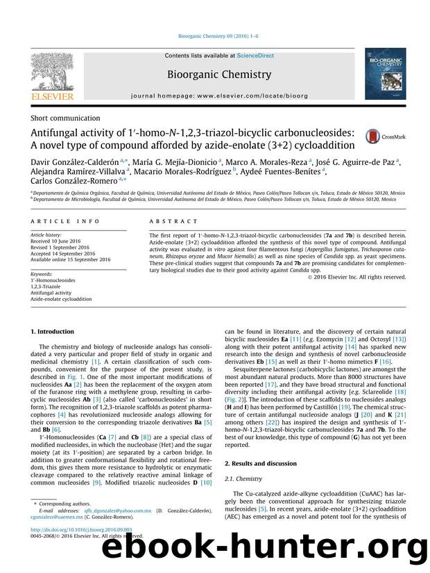 Antifungal activity of 1Ã¢â¬Â²-homo-N-1,2,3-triazol-bicyclic carbonucleosides: A novel type of compound afforded by azide-enolate (3+2) cycloaddition by unknow