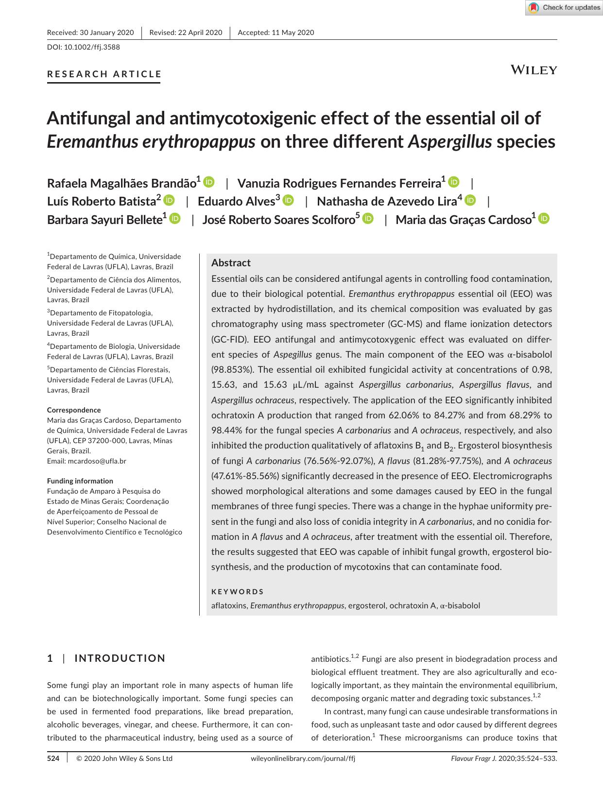 Antifungal and antimycotoxigenic effect of the essential oil of Eremanthus erythropappus on three different Aspergillus species by Unknown