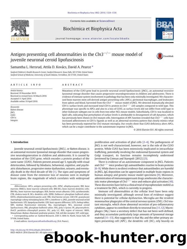 Antigen presenting cell abnormalities in the Cln3ââ mouse model of juvenile neuronal ceroid lipofuscinosis by Samantha L. Hersrud & Attila D. Kovács & David A. Pearce