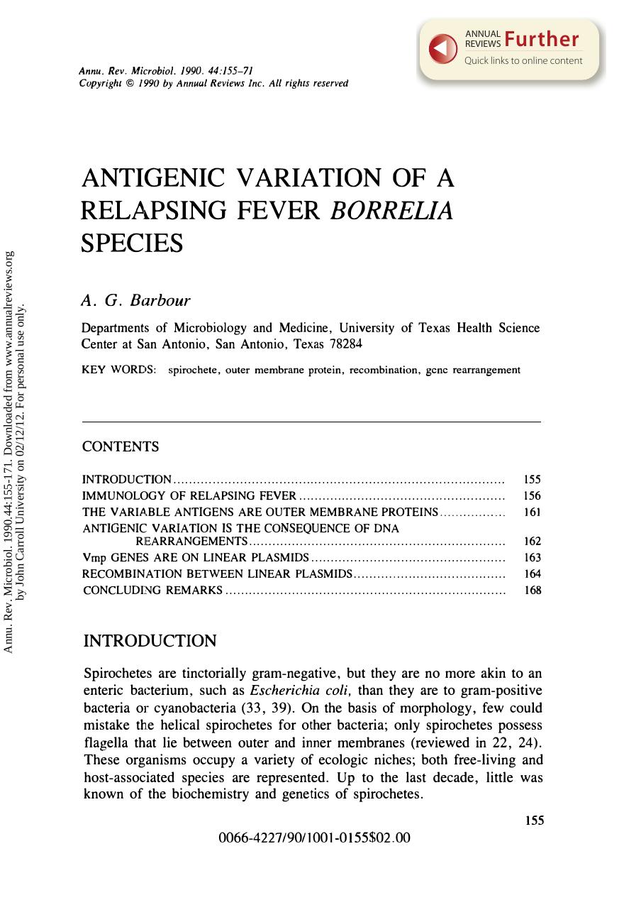 Antigenic Variation of a Relapsing Fever Borrelia Species by A. G. Barbour