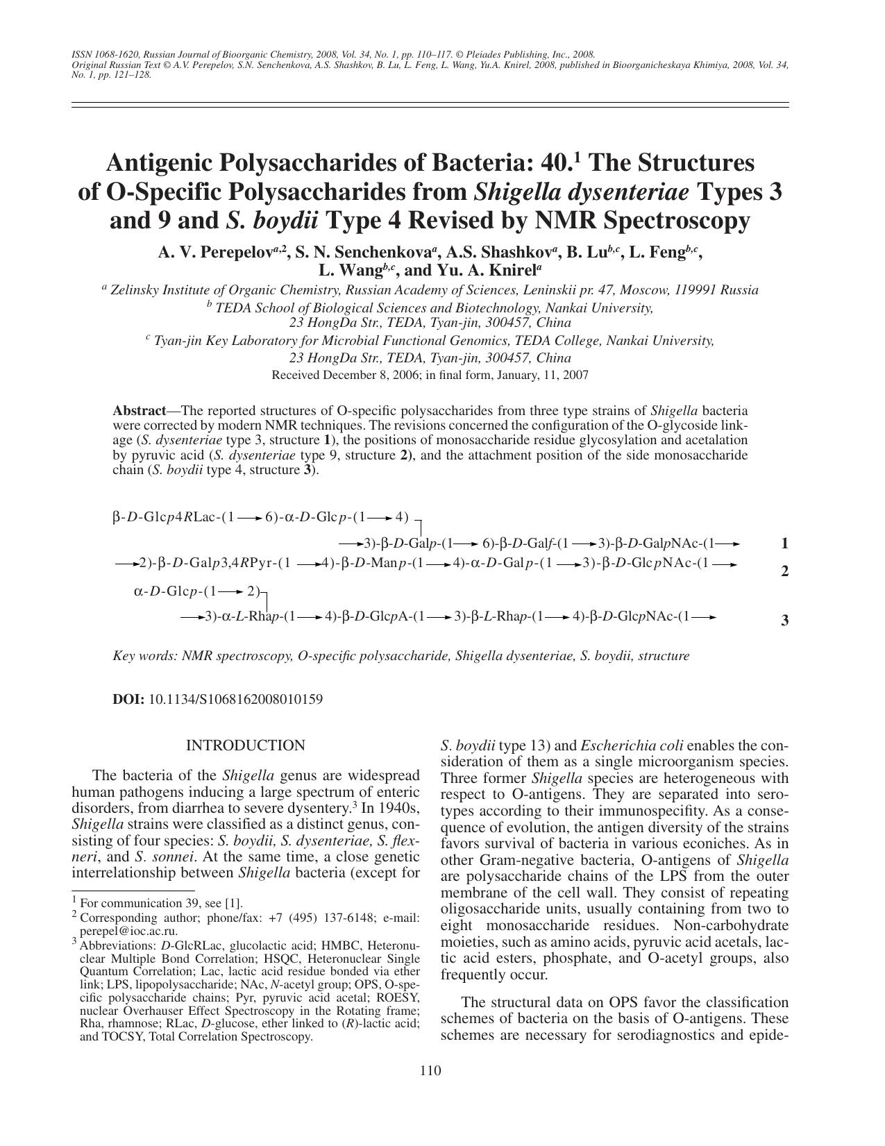 Antigenic polysaccharides of bacteria: 40. The structures of O-specific polysaccharides from <Emphasis Type="Italic">Shigella dysenteriae<Emphasis> types 3 and 9 and <Emphasis Type by Unknown