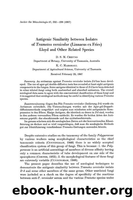 Antigenic similarity between isolates of <Emphasis Type="Italic">Trametes versicolor<Emphasis> (linnaeus ex fries) lloyd and other related species by Unknown