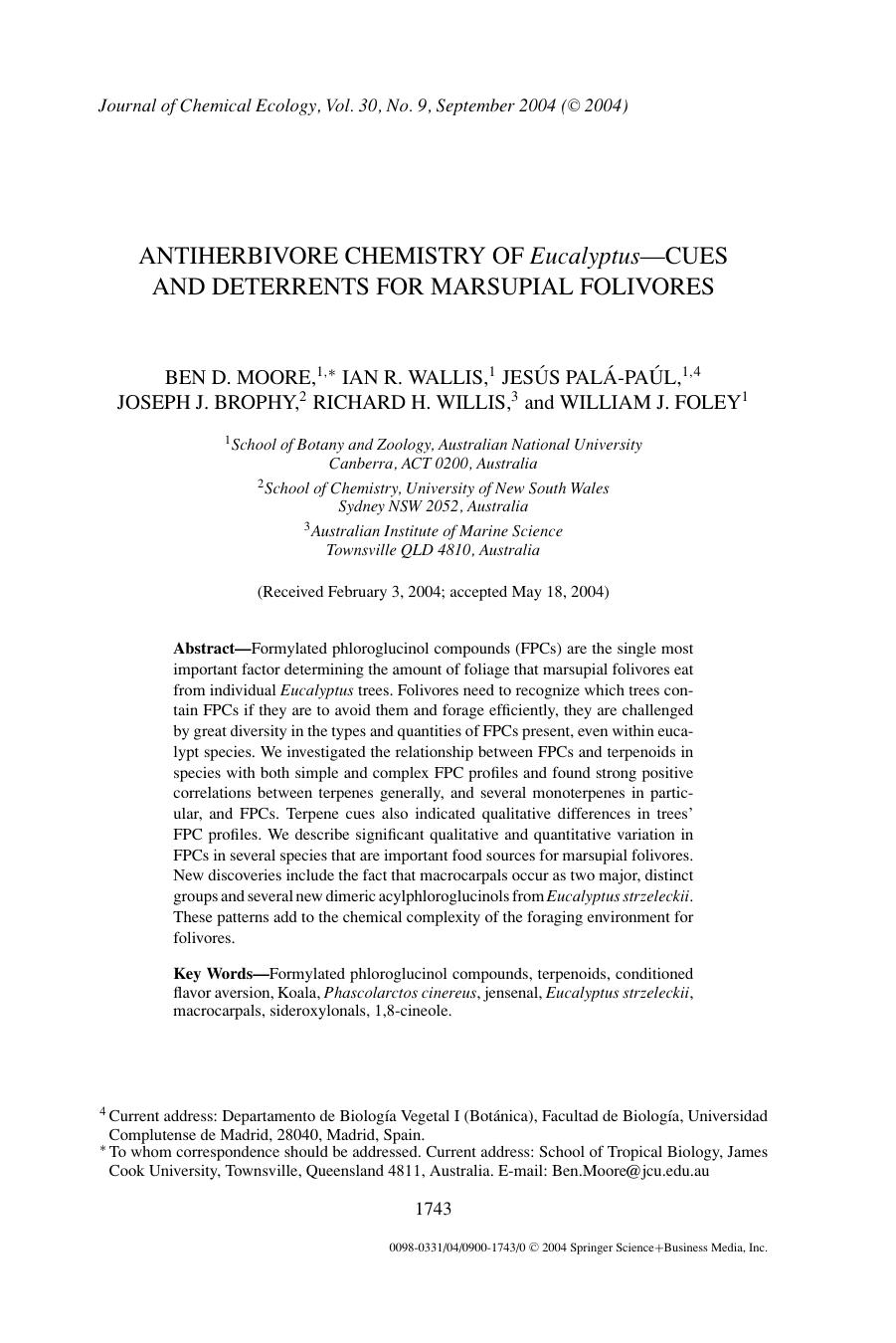Antiherbivore Chemistry of <Emphasis Type="Italic">Eucalyptus--<Emphasis>Cues and Deterrents for Marsupial Folivores by Unknown