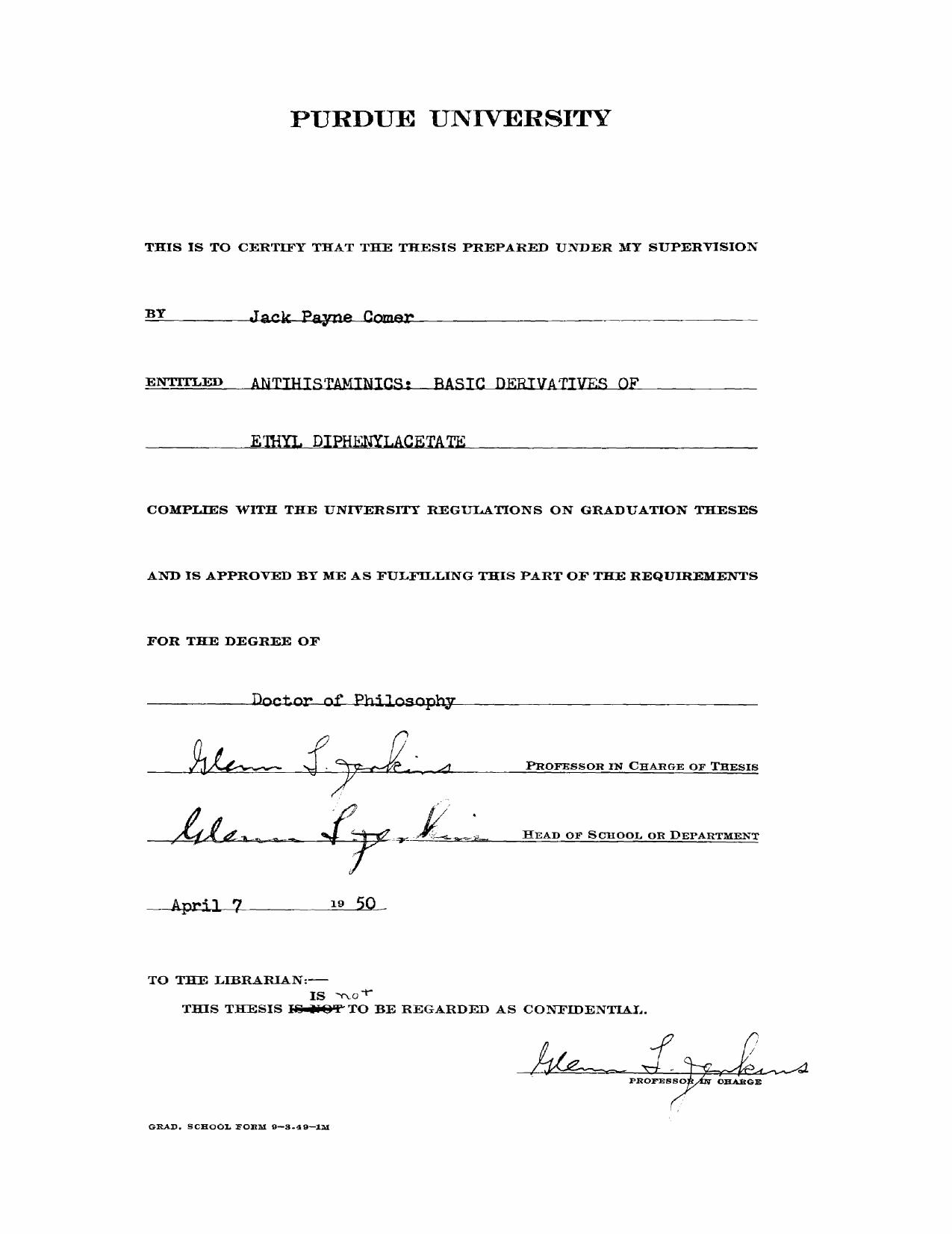 Antihistaminics: Basic Derivatives of Ethyl Diphenylacetate by Comer Jack Payne