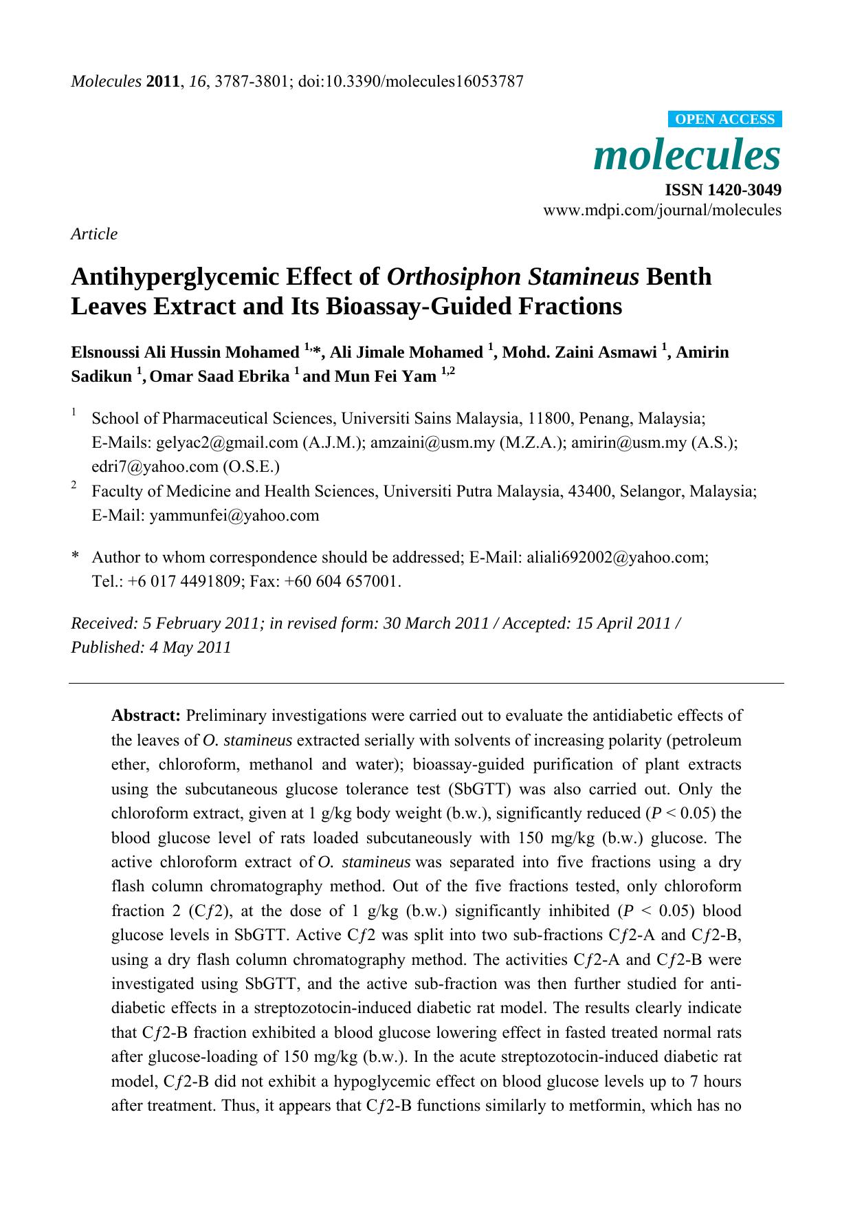 Antihyperglycemic Effect of Orthosiphon Stamineus Benth Leaves Extract and Its Bioassay-Guided Fractions by unknow