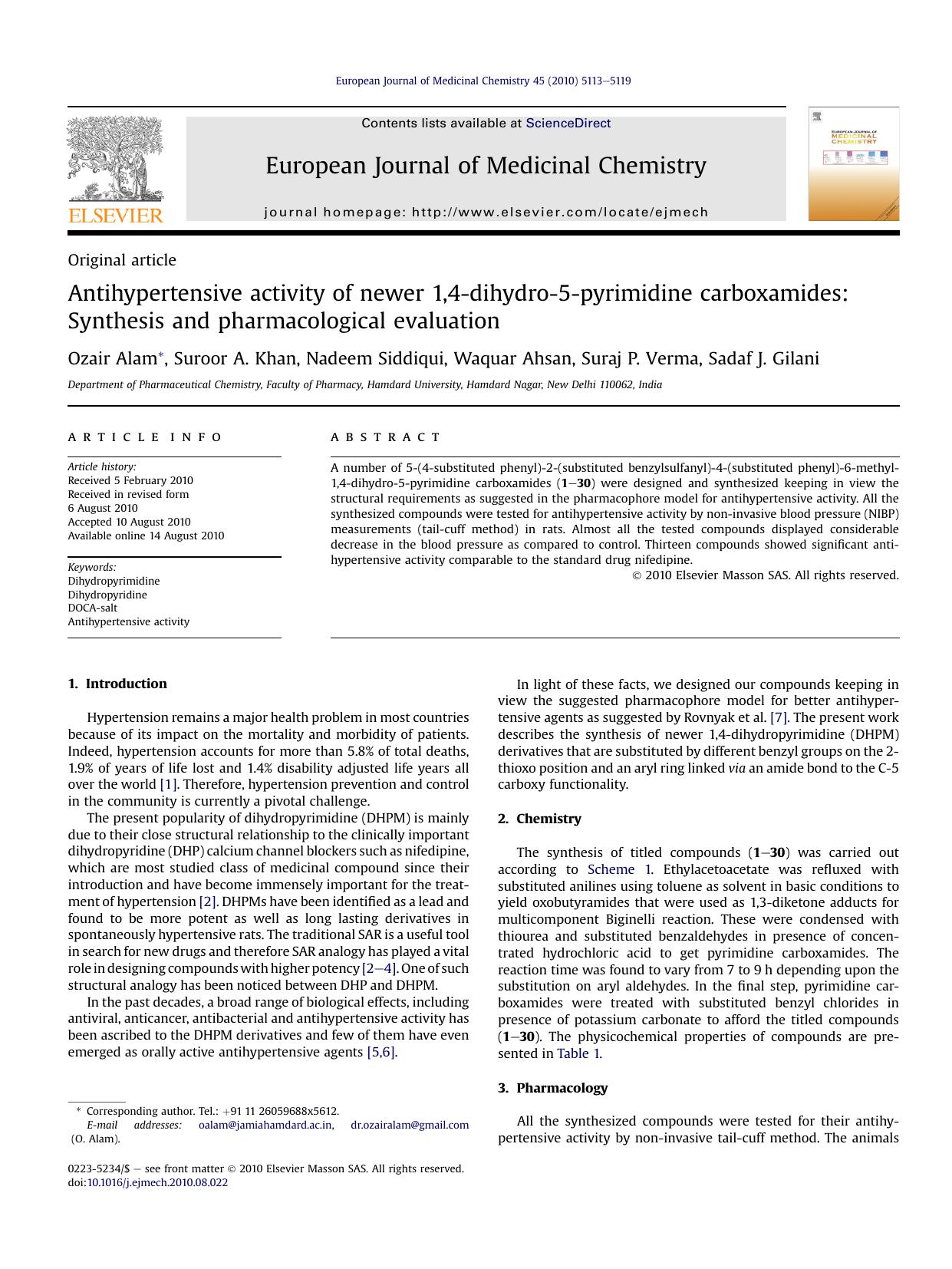 Antihypertensive activity of newer 1,4-dihydro-5-pyrimidine carboxamides: Synthesis and pharmacological evaluation by Ozair Alam & Suroor A. Khan & Nadeem Siddiqui & Waquar Ahsan & Suraj P. Verma & Sadaf J. Gilani