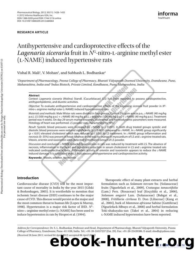 Antihypertensive and cardioprotective effects of the Lagenaria siceraria fruit in NG-nitro-L-arginine methyl ester (L-NAME) induced hypertensive rats by Vishal R. Mali V. Mohan & Subhash L. Bodhankar