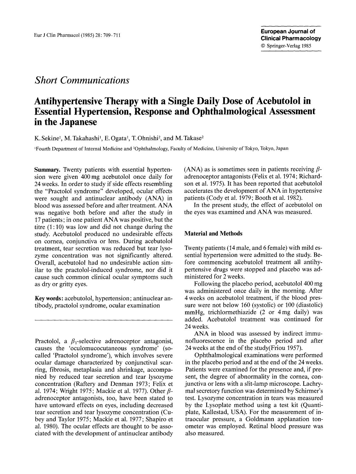 Antihypertensive therapy with a single daily dose of acebutolol in essential hypertension, response and ophthalmological assessment in the Japanese by Unknown