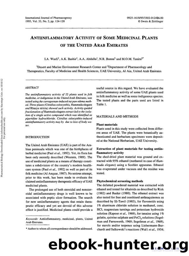 Antiinflammatory Activity of Some Medicinal Plants of the United Arab Emirates by I. A. Wasfi A. K. Bashir A. A. Abdalla N. R. Banna & M. O. M. Tanira