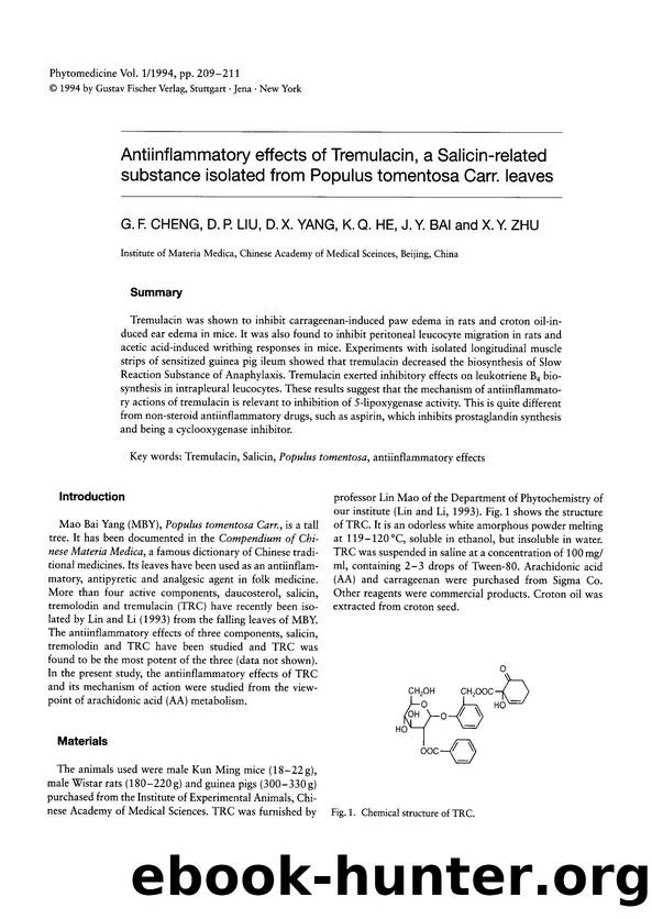 Antiinflammatory effects of Tremulacin, a Salicin-related substance isolated from Populus tomentosa Carr. leaves by G.F. Cheng & D.P. Liu & D.X. Yang & K.Q. He & J.Y. Bai & X.Y. Zhu