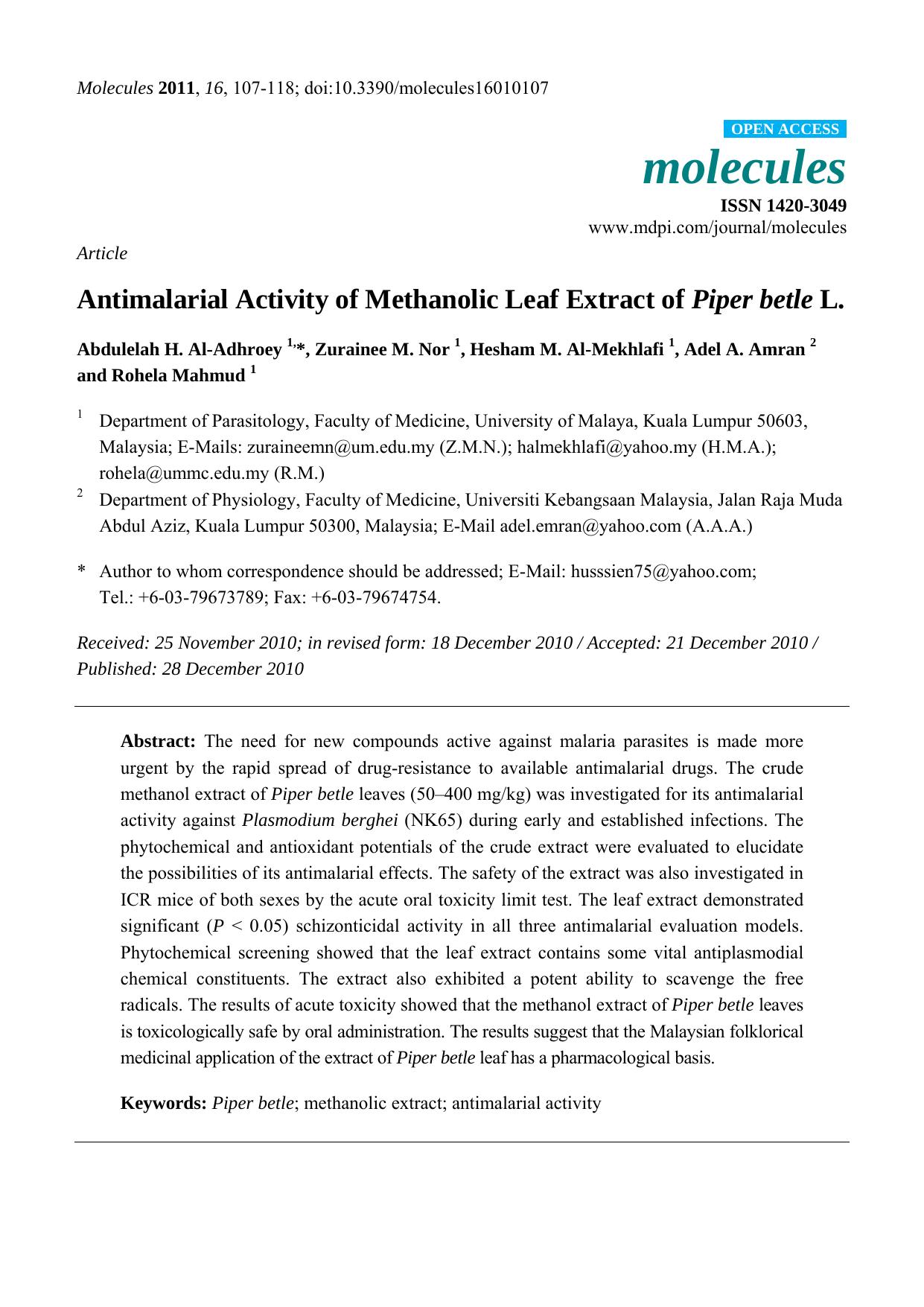 Antimalarial Activity of Methanolic Leaf Extract of Piper betle L. by Abdulelah H. Al-Adhroey & Zurainee M. Nor & Hesham M. Al-Mekhlafi & Adel A. Amran & Rohela Mahmud