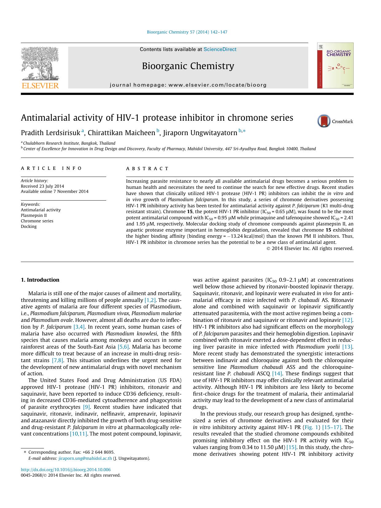 Antimalarial activity of HIV-1 protease inhibitor in chromone series by Pradith Lerdsirisuk & Chirattikan Maicheen & Jiraporn Ungwitayatorn