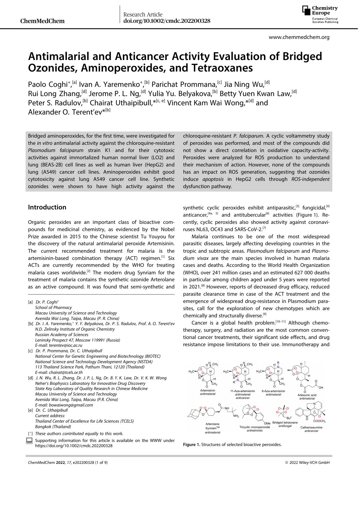 Antimalarial and Anticancer Activity Evaluation of Bridged Ozonides, Aminoperoxides, and Tetraoxanes by Unknown