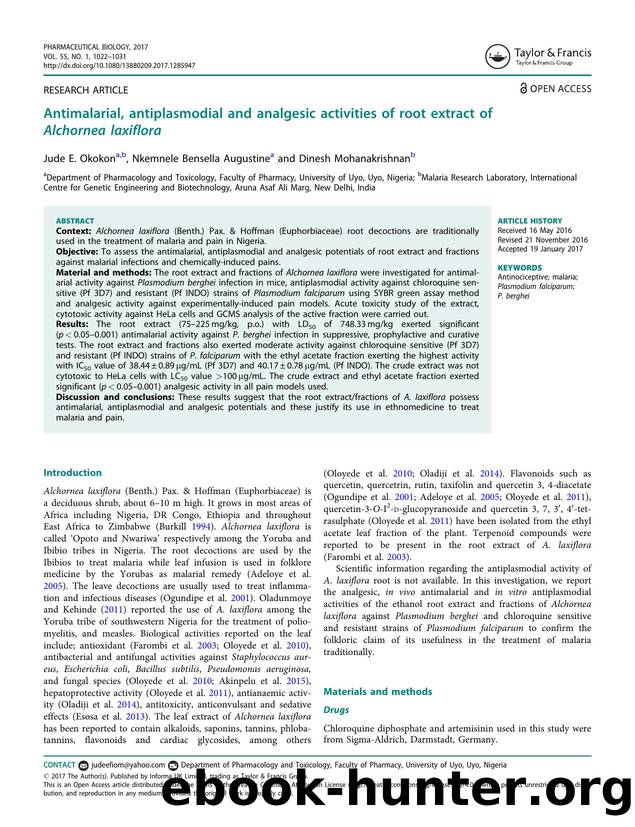 Antimalarial, antiplasmodial and analgesic activities of root extract of Alchornea laxiflora by Okokon Jude E. & Augustine Nkemnele Bensella & Mohanakrishnan Dinesh