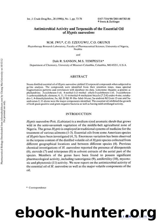 Antimicrobial Activity and Terpenoids of the Essential Oil of hyptis Suaveolens by Mm. Iwu Co. Ezeugwu Co. Okunji Dale R. Sanson & M. S. Tempesta