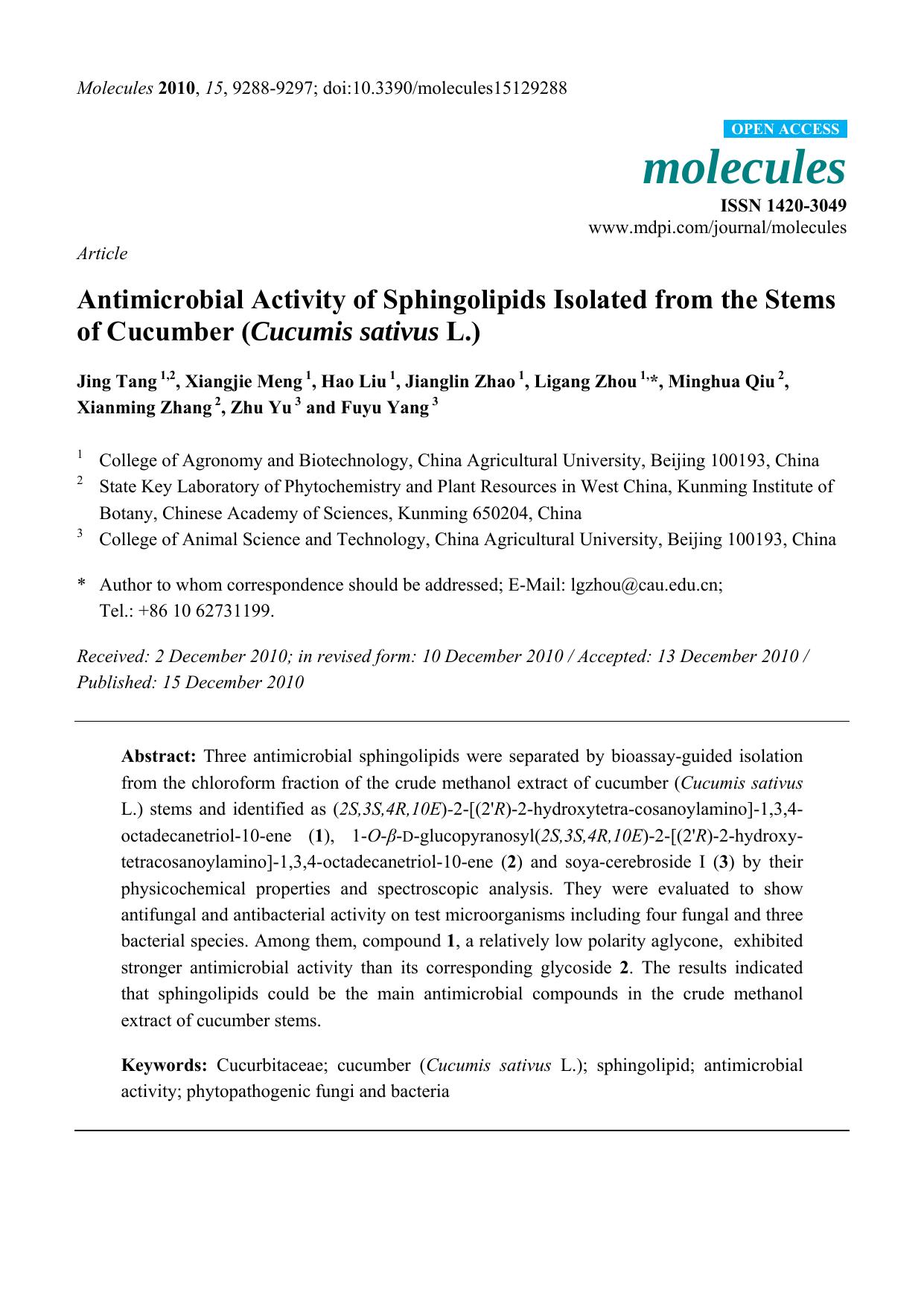 Antimicrobial Activity of Sphingolipids Isolated from the Stems of Cucumber (Cucumis sativus L.) by unknow