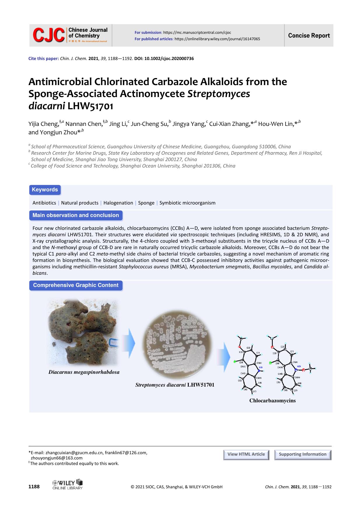 Antimicrobial Chlorinated Carbazole Alkaloids from the Sponge-Associated Actinomycete Streptomyces diacarni LHW51701 by grh