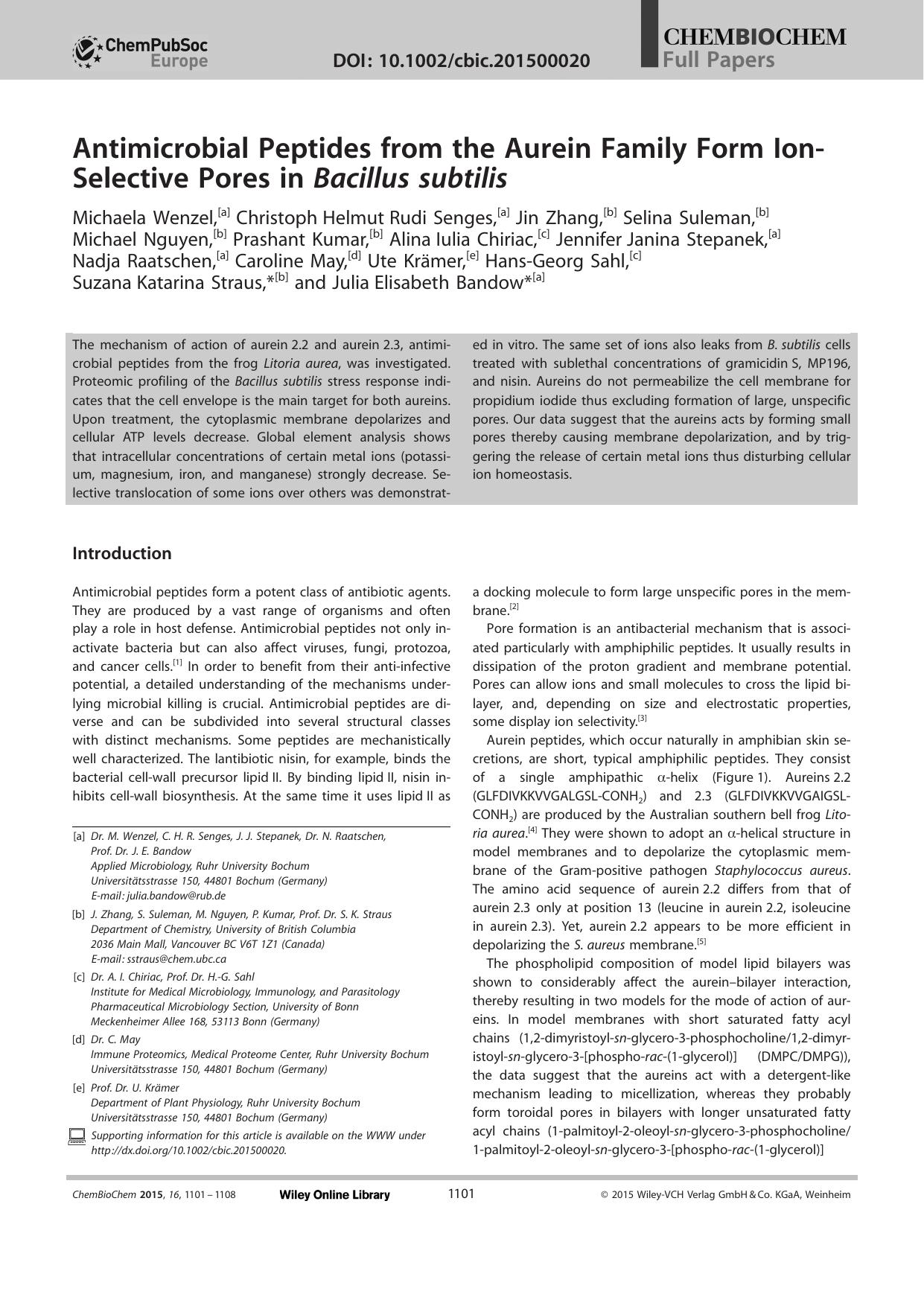 Antimicrobial Peptides from the Aurein Family Form IonSelective Pores in Bacillus subtilis by Unknown