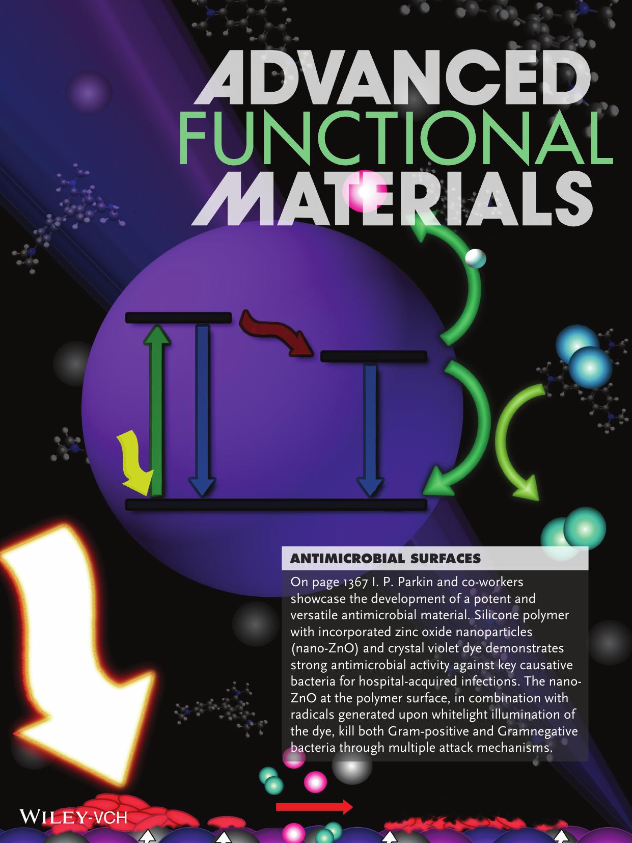 Antimicrobial Surfaces: Dual‐Mechanism Antimicrobial Polymer–ZnO Nanoparticle and Crystal Violet‐Encapsulated Silicone (Adv. Funct. Mater. 9/2015) by Unknown