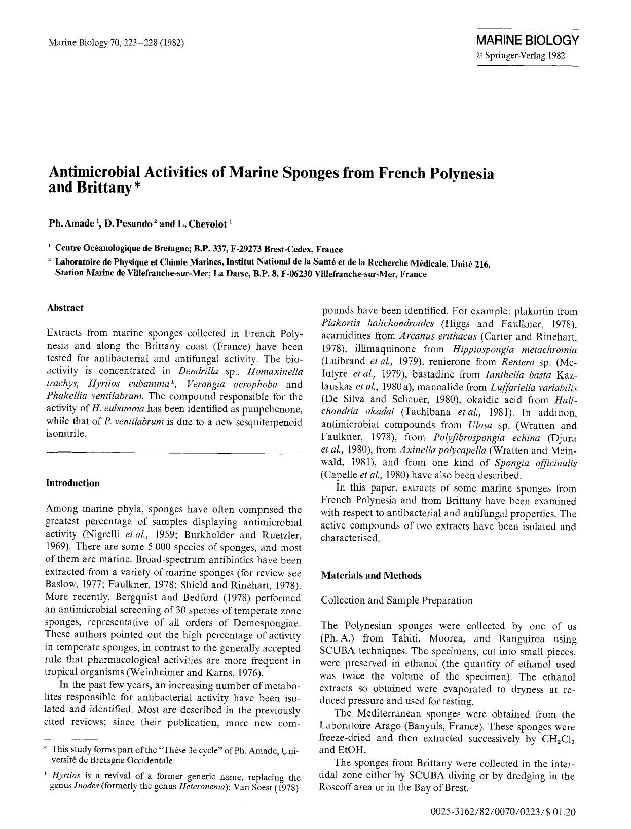 Antimicrobial activities of marine sponges from French Polynesia and Brittany by Unknown