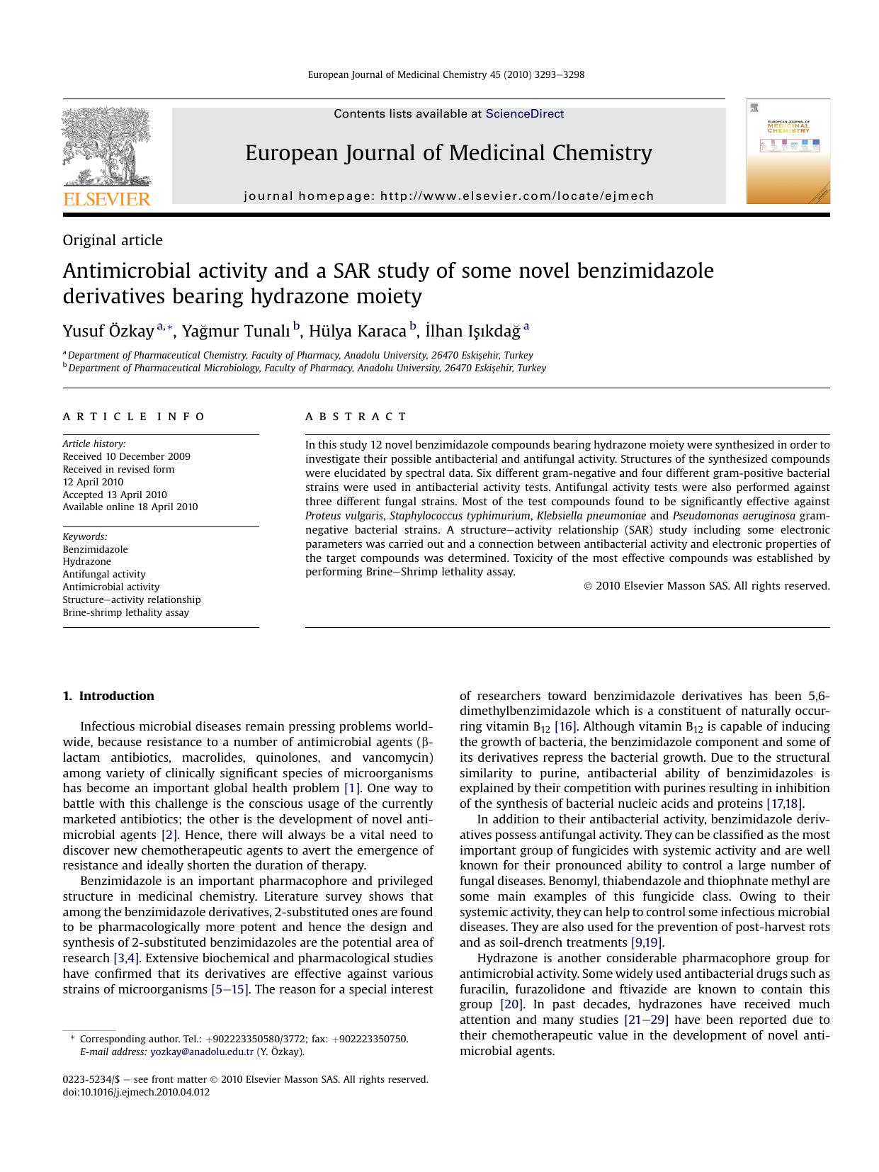 Antimicrobial activity and a SAR study of some novel benzimidazole derivatives bearing hydrazone moiety by Yusuf Özkay & Yağmur Tunalı & Hülya Karaca & İlhan Işıkdağ