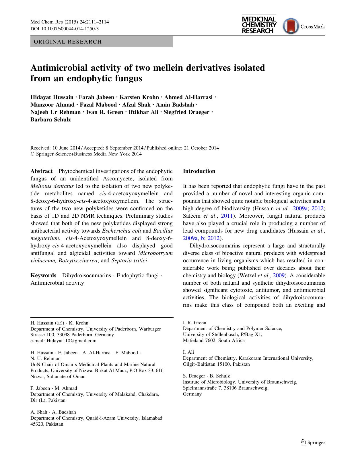 Antimicrobial activity of two mellein derivatives isolated from an endophytic fungus by unknow