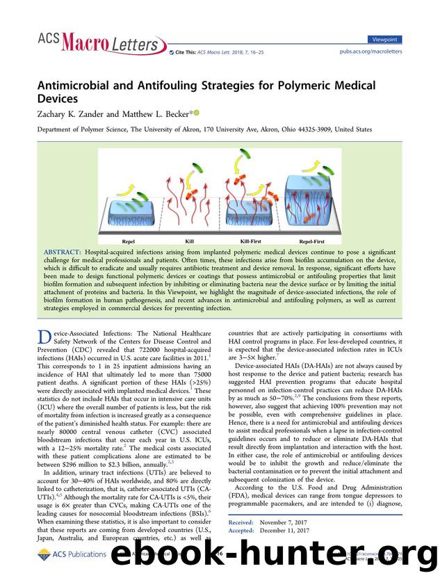Antimicrobial and Antifouling Strategies for Polymeric Medical Devices by Zachary K. Zander & Matthew L. Becker
