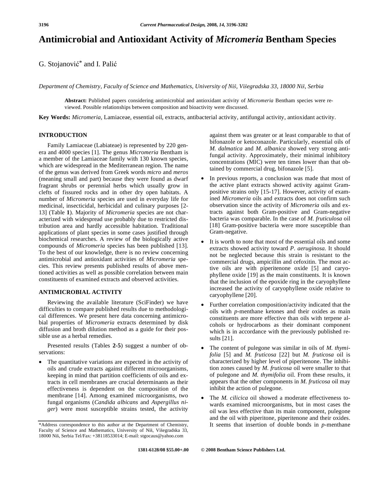 Antimicrobial and Antioxidant Activity of Micromeria Bentham Species by G. Stojanovic ; I. Palic