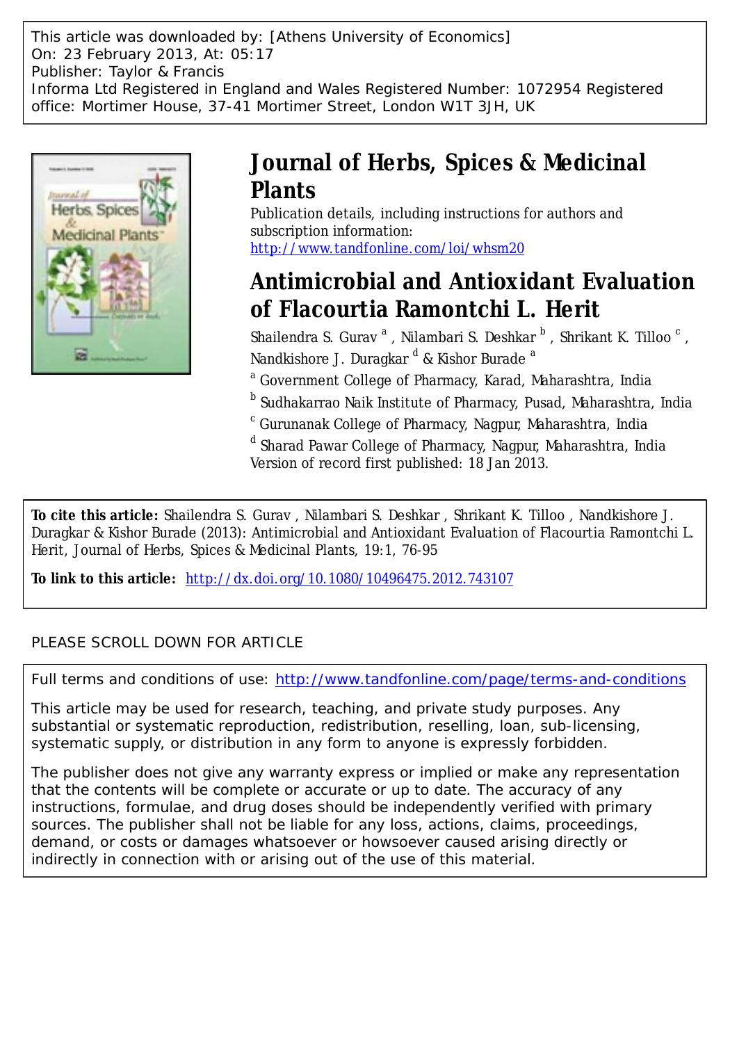 Antimicrobial and Antioxidant Evaluation of Flacourtia Ramontchi L. Herit by unknow