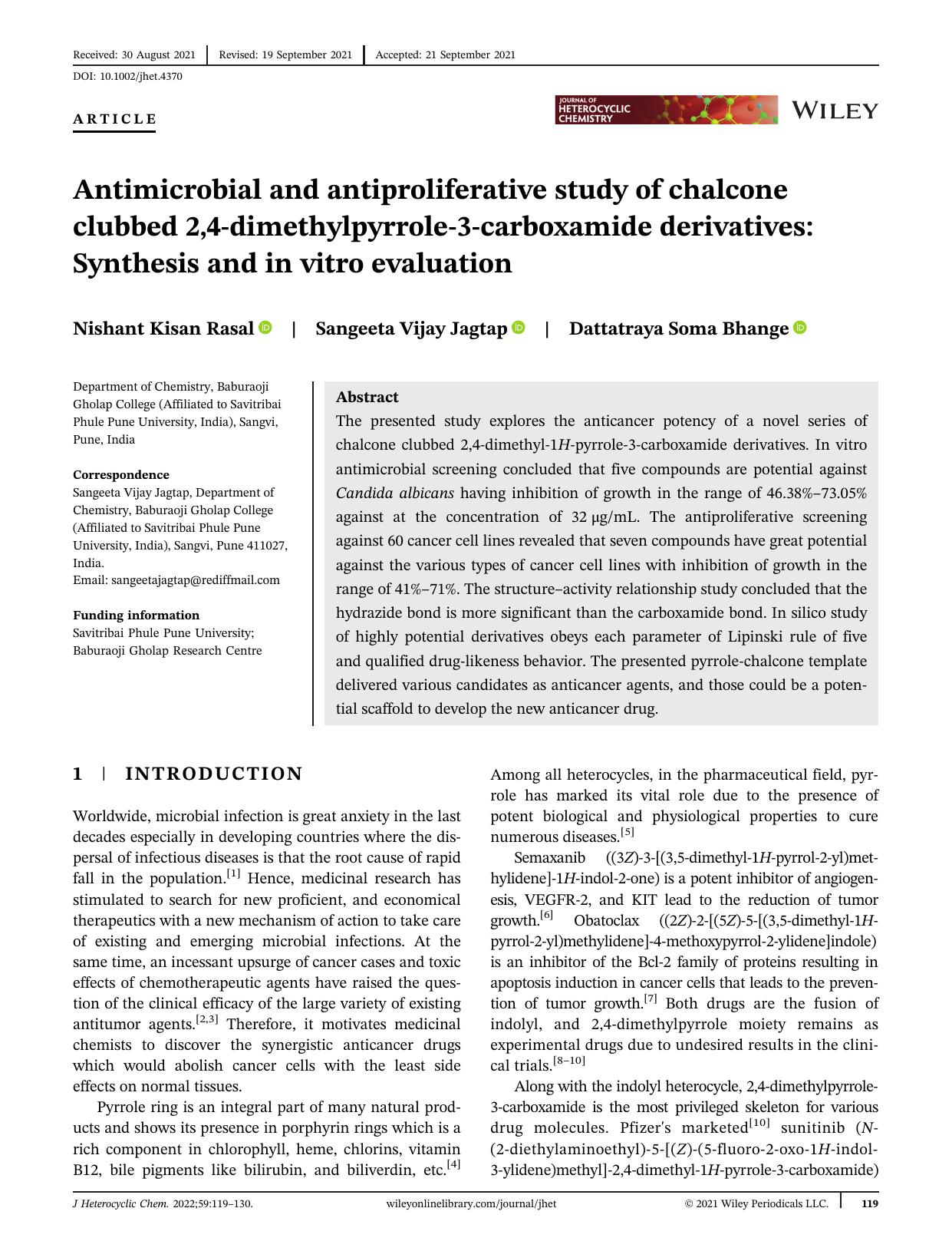 Antimicrobial and Antiproliferative Study of Chalcone Clubbed 2,4-Dimethylpyrrole-3-Carboxamide Derivatives: Synthesis and In vitro Evaluation by Unknown