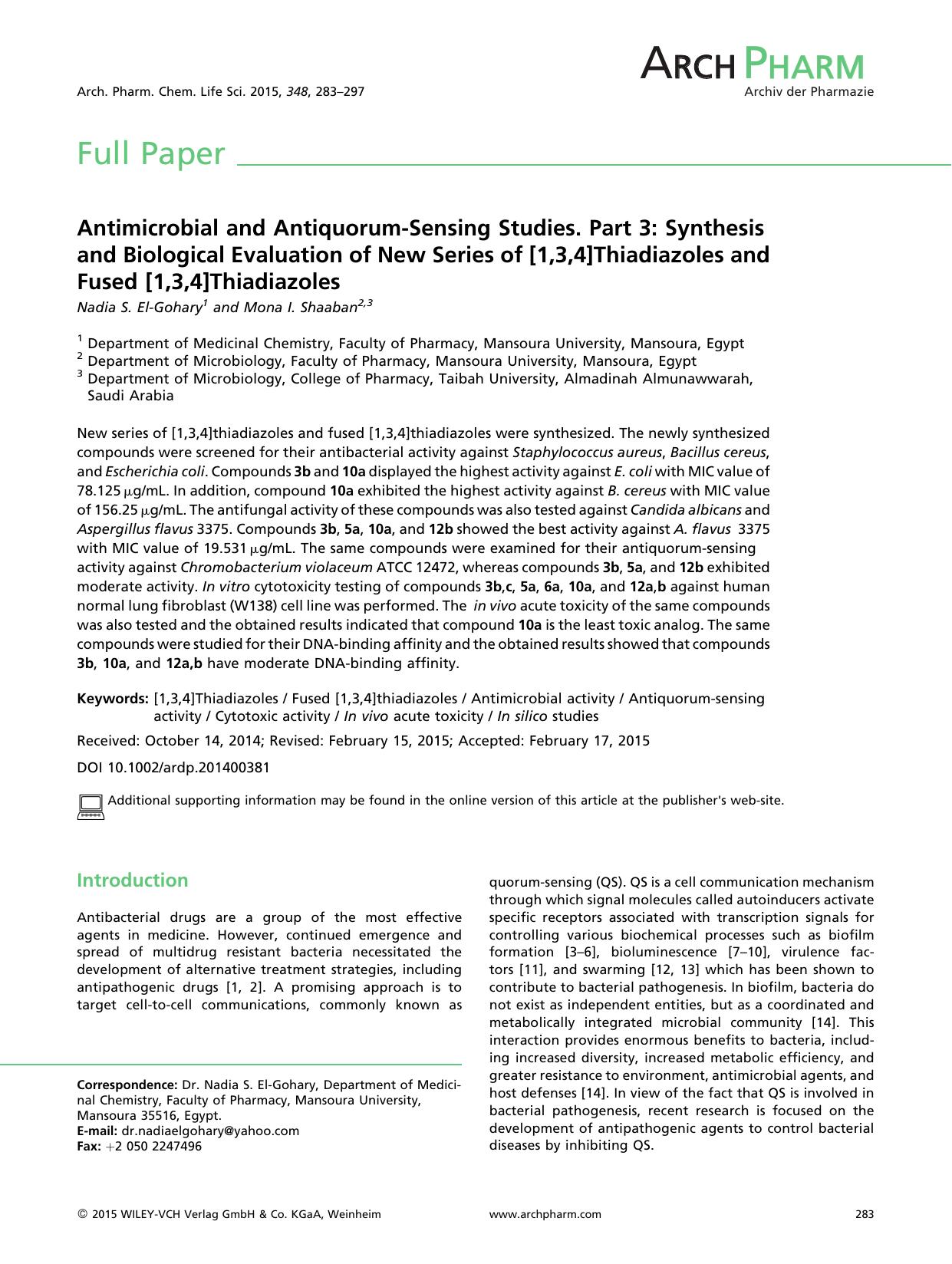 Antimicrobial and Antiquorum-Sensing Studies. Part 3: Synthesis and Biological Evaluation of New Series of [1,3,4]Thiadiazoles and Fused [1,3,4]Thiadiazoles by Unknown