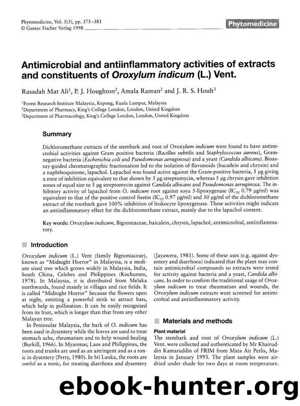 Antimicrobial and antiinflammatory activities of extracts and constituents of Oroxylum indicum (L.) Vent by Rasadah Mat Ali & P.J. Houghton & Amala Raman & J.R.S. Hoult