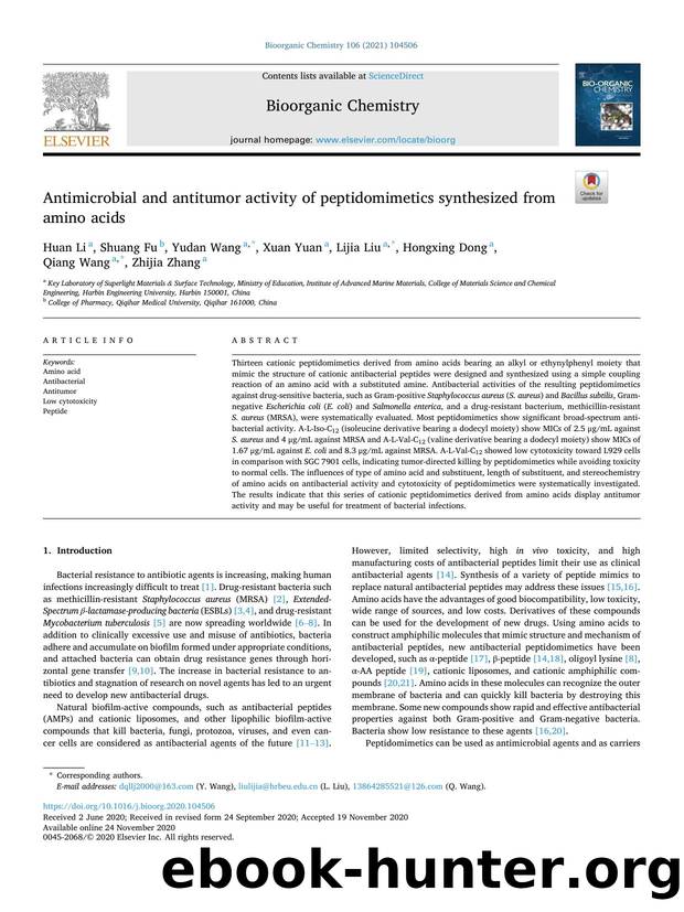 Antimicrobial and antitumor activity of peptidomimetics synthesized from amino acids by Huan Li & Shuang Fu & Yudan Wang & Xuan Yuan & Lijia Liu & Hongxing Dong & Qiang Wang & Zhijia Zhang