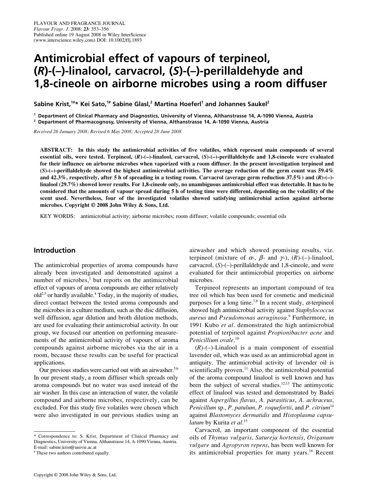 Antimicrobial effect of vapours of terpineol, (R)-(-)-linalool, carvacrol, (S)-(-)-perillaldehyde and 1,8-cineole on airborne microbes using a room diffuser by Unknown