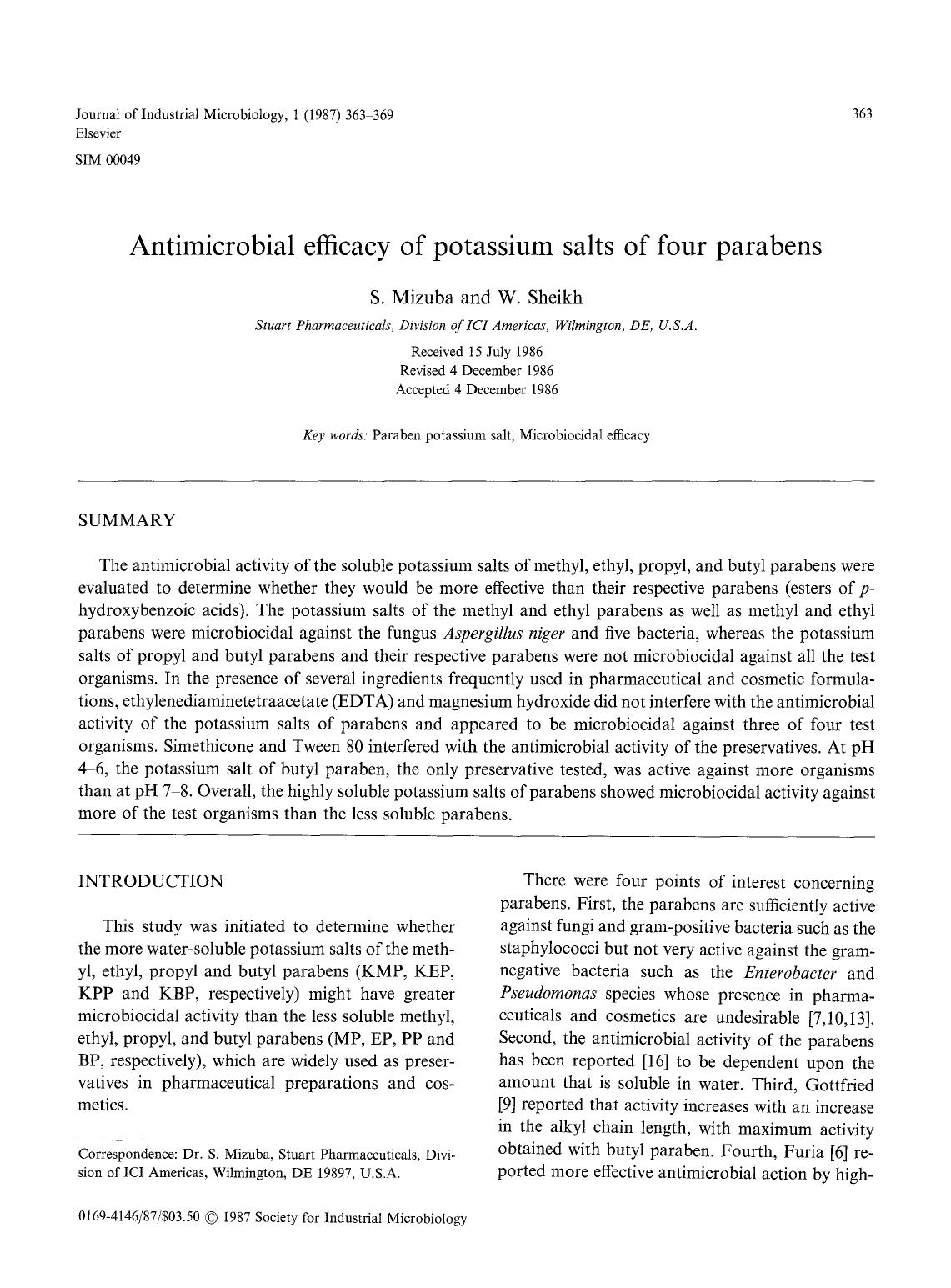 Antimicrobial efficacy of potassium salts of four parabens by Unknown