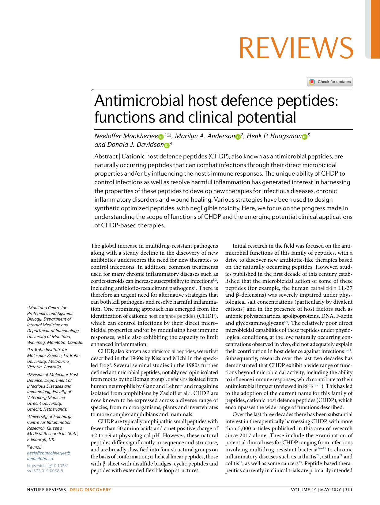 Antimicrobial host defence peptides: functions and clinical potential by Neeloffer Mookherjee & Marilyn A. Anderson & Henk P. Haagsman & Donald J. Davidson