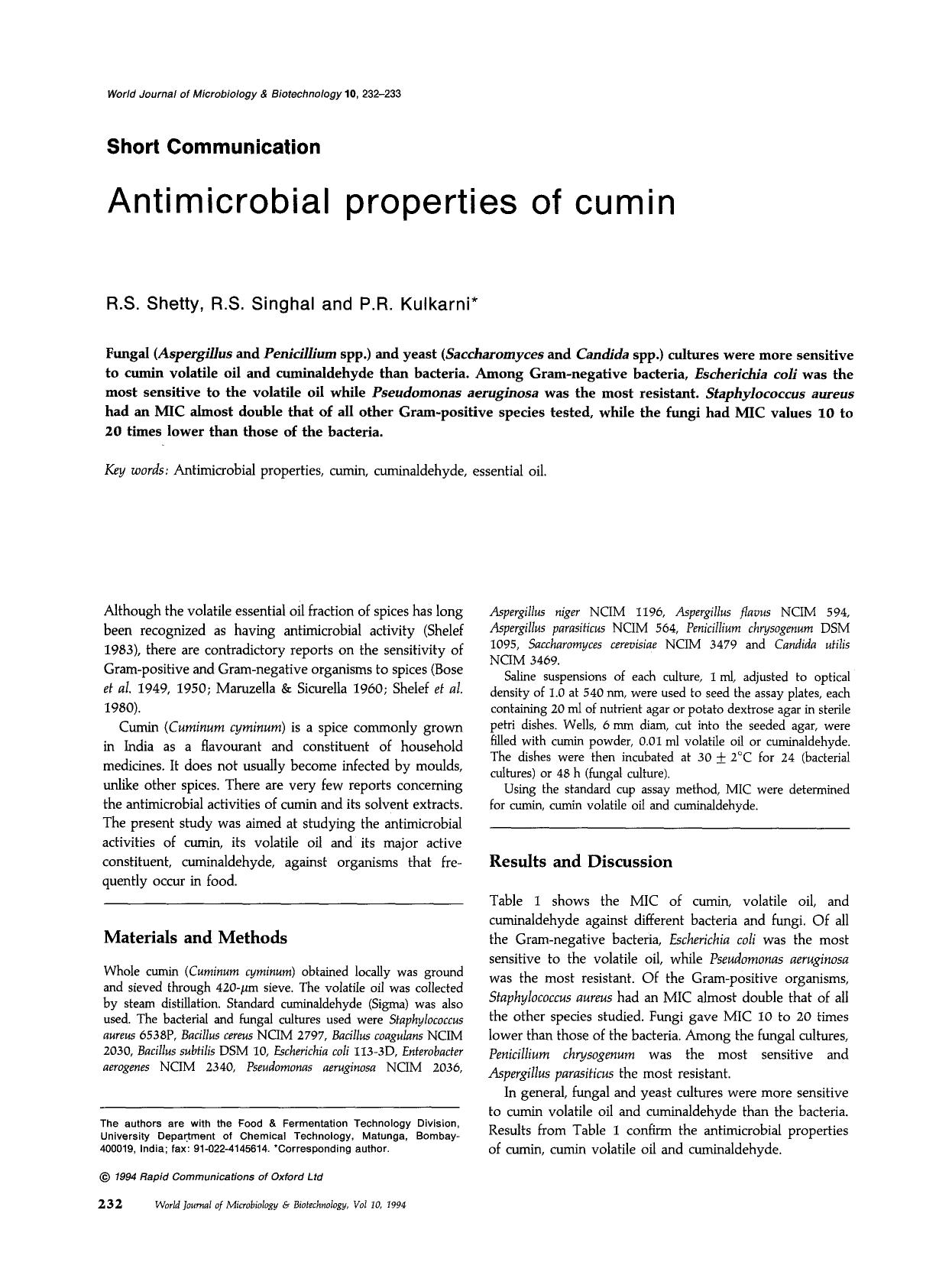 Antimicrobial properties of cumin by Unknown