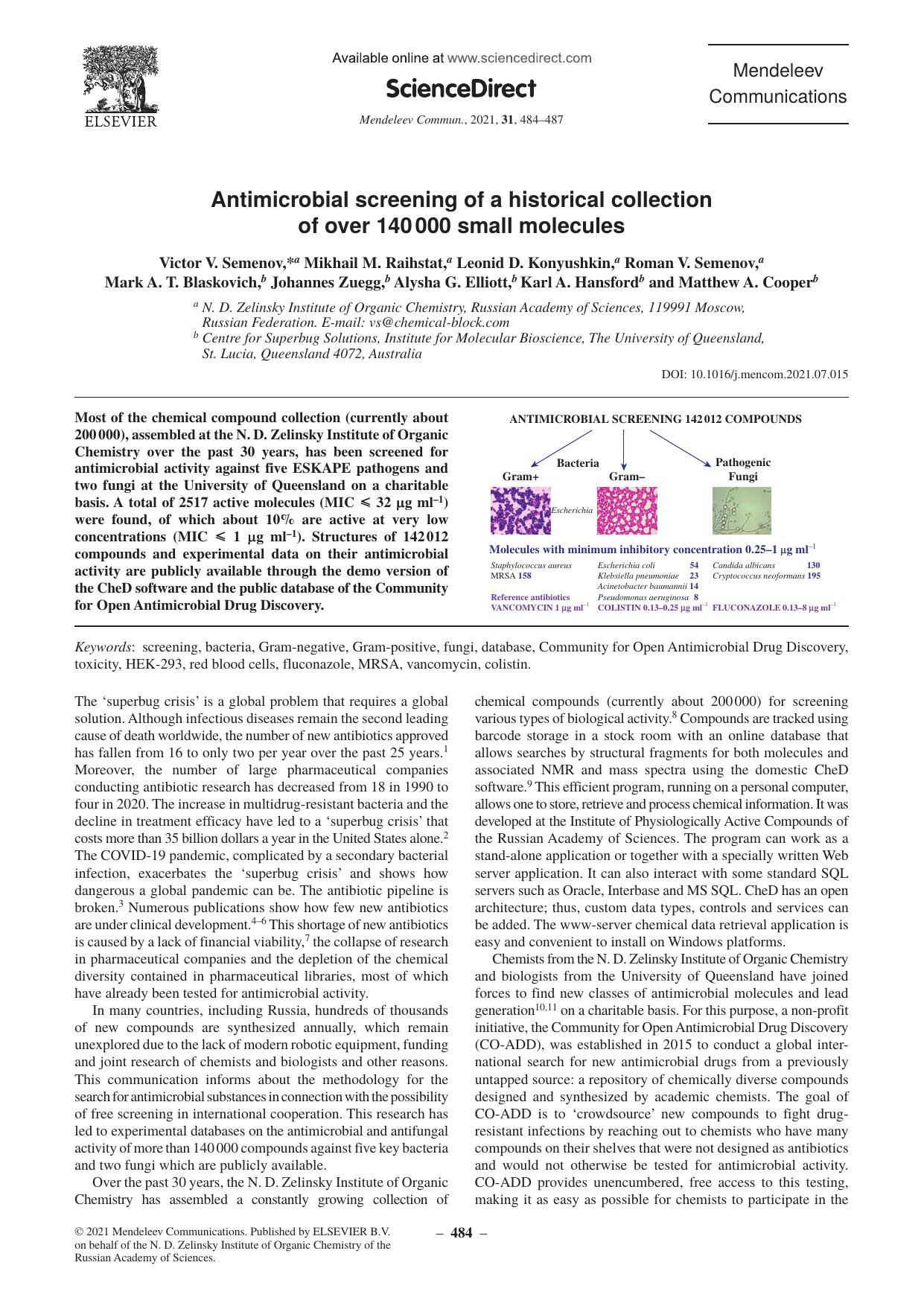 Antimicrobial screening of a historical collection of over 140 000 small molecules by unknow