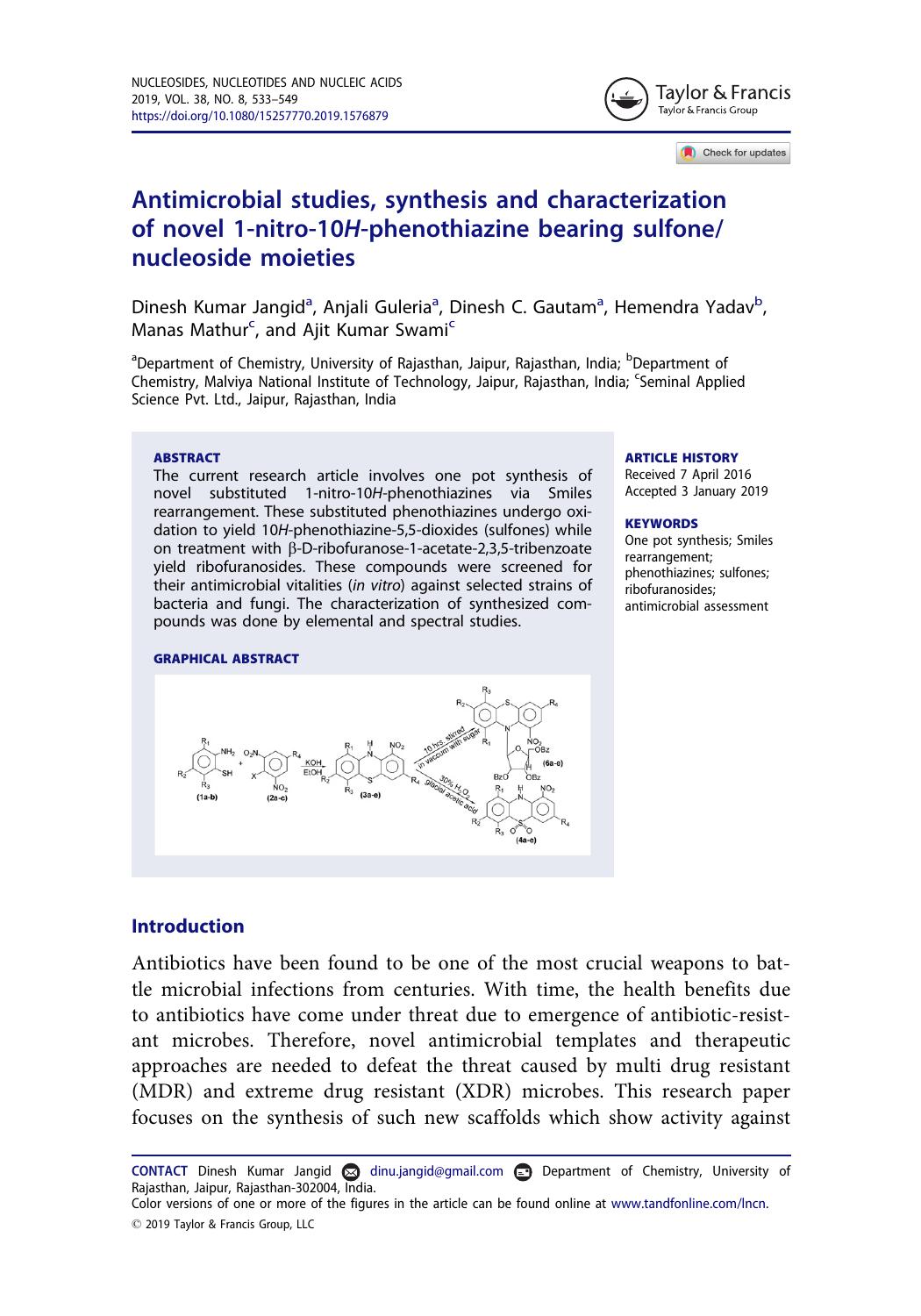 Antimicrobial studies, synthesis and characterization of novel 1-nitro-10H-phenothiazine bearing sulfonenucleoside moieties by unknow