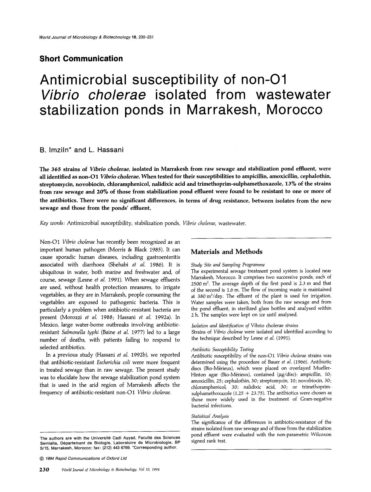 Antimicrobial susceptibility of non-O1 <Emphasis Type="Italic">Vibrio cholerae<Emphasis> isolated from wastewater stabilization ponds in Marrakesh, Morocco by Unknown