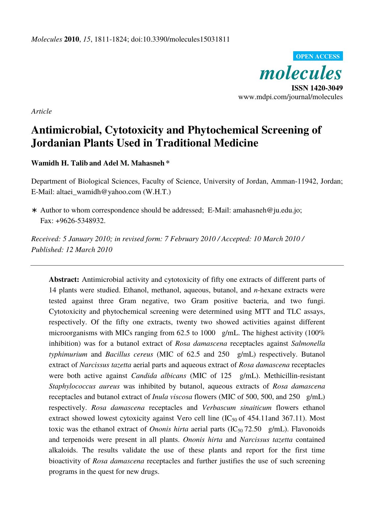Antimicrobial, Cytotoxicity and Phytochemical Screening of Jordanian Plants Used in Traditional Medicine by Wamidh H. Talib & Adel M. Mahasneh