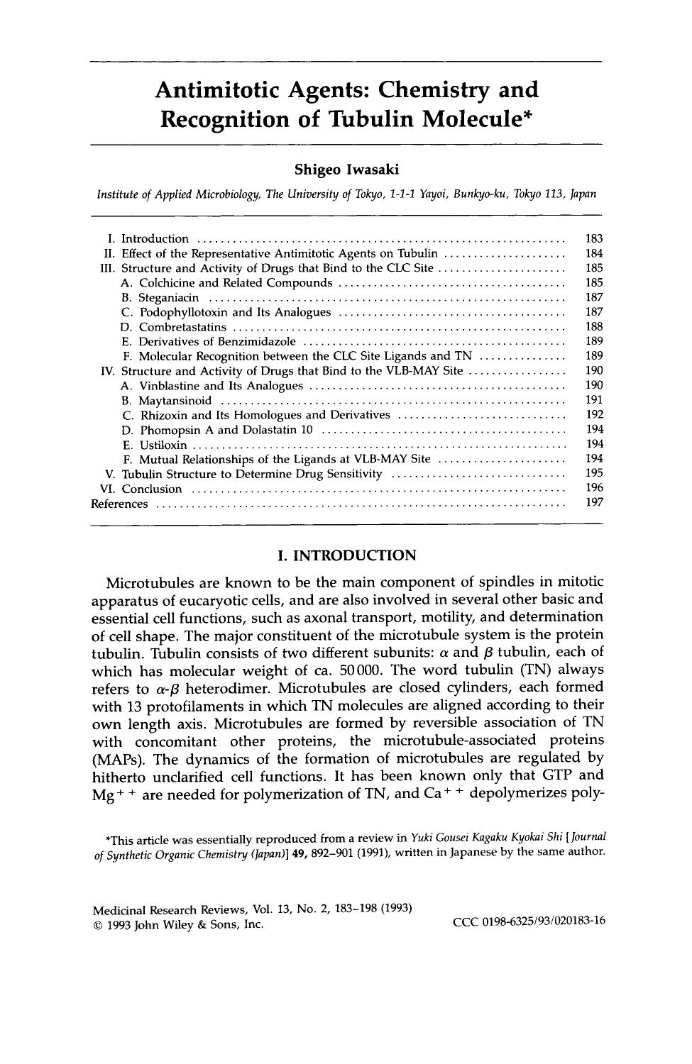 Antimitotic agents: Chemistry and recognition of tubulin molecule by Unknown