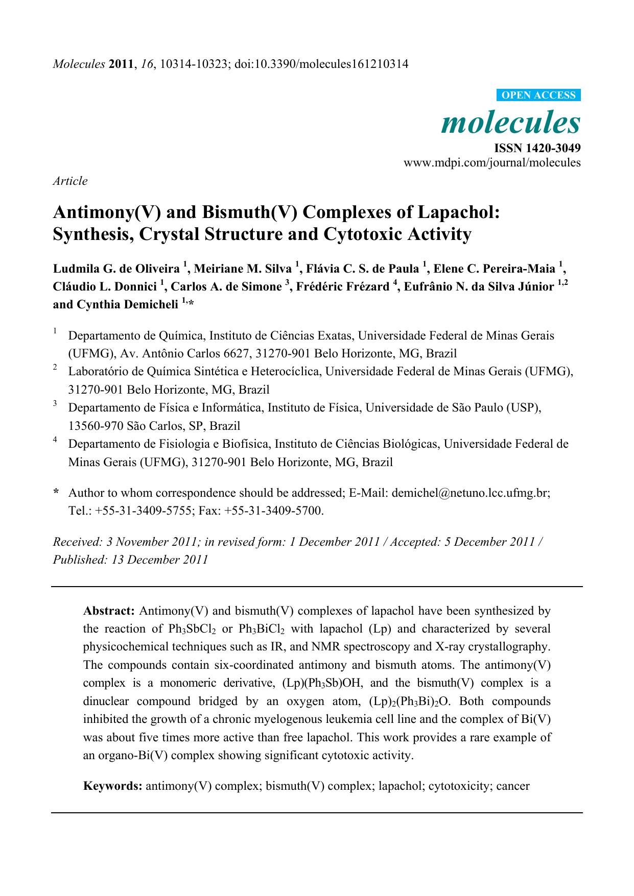 Antimony(V) and Bismuth(V) Complexes of Lapachol: Synthesis, Crystal Structure and Cytotoxic Activity by unknow