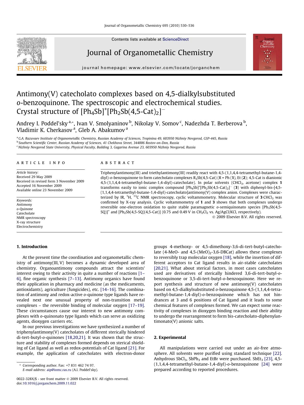 Antimony(V) catecholato complexes based on 4,5-dialkylsubstituted o-benzoquinone. The spectroscopic and electrochemical studies. Crystal structure of [Ph4Sb]+[Ph2Sb(4,5-Cat)2]− by unknow