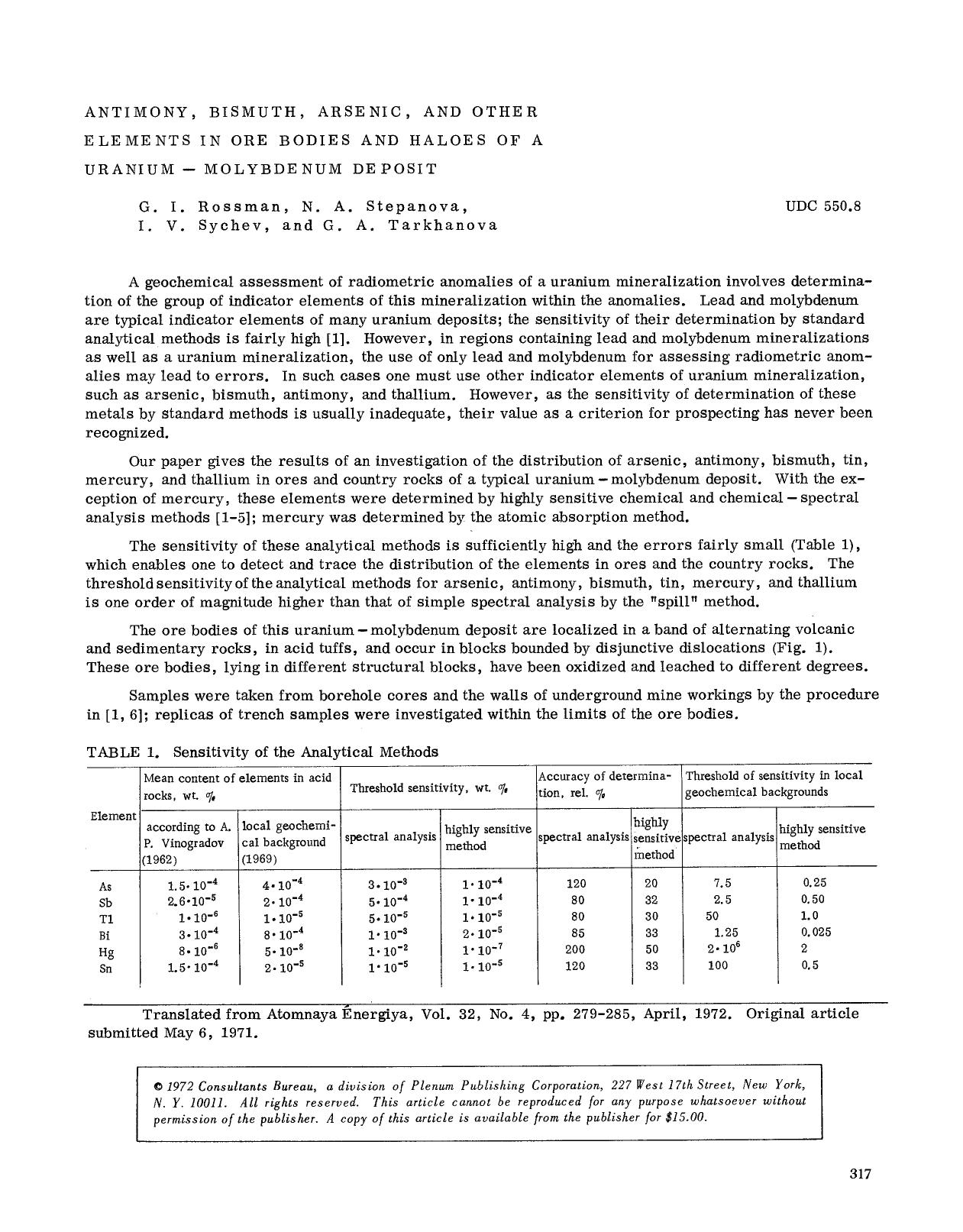 Antimony, bismuth, arsenic, and other elements in ore bodies and haloes of a uranium-molybdenum deposit by Unknown